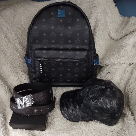 MCM Black and Blue Backpack, Belt, and Cap Set - Picture 10 of 10